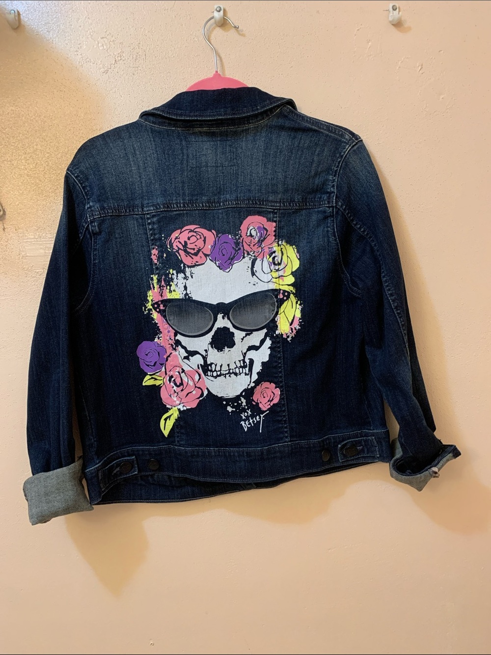 Dark Wash Denim Jacket with Skull & Floral Graphic
